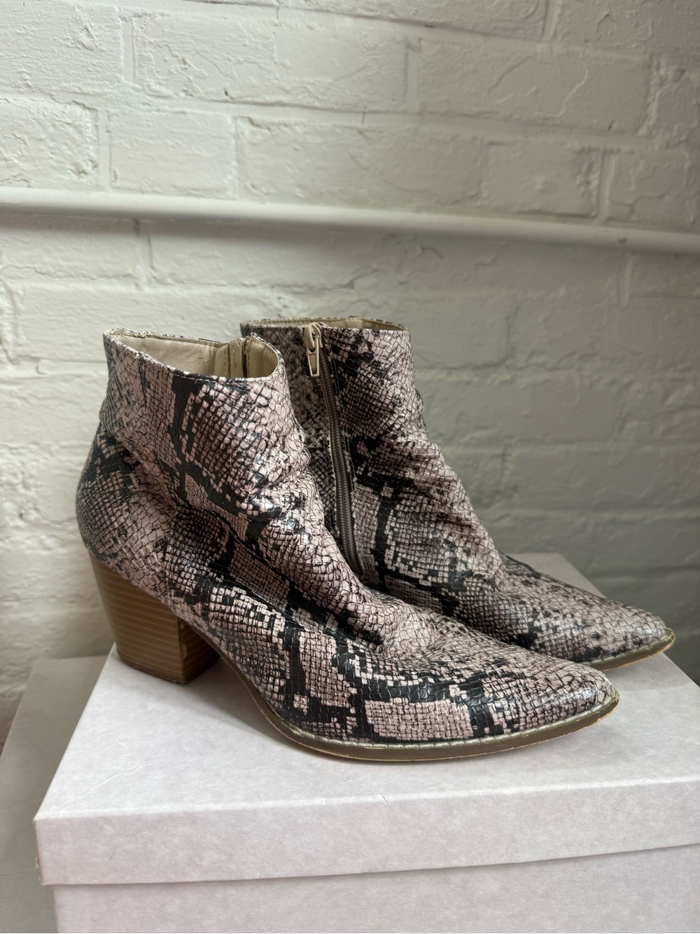 Free People Snake-Print Ankle Boots in Taupe and Black